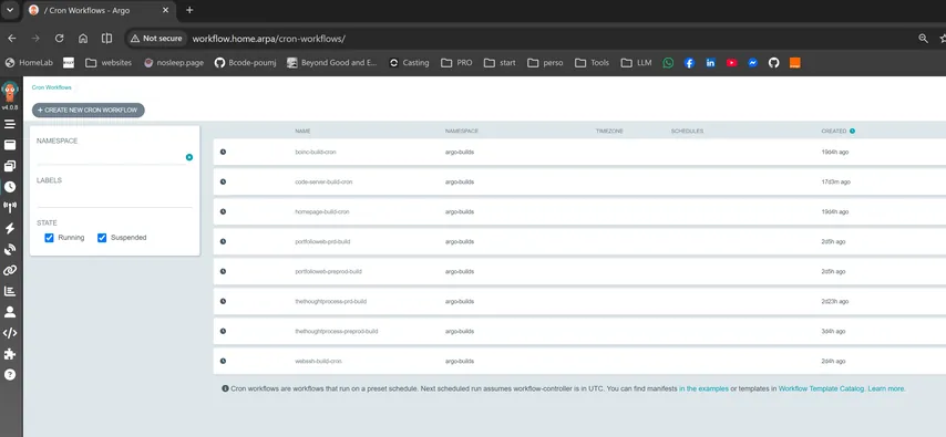 Capture d'écran de l'interface web d'Argo Workflows affichant une liste de cron workflows configurés.