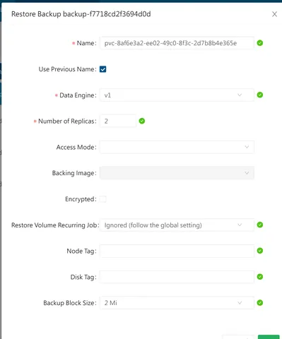 Une fenêtre modale intitulée 'Restaurer la Sauvegarde' affichant des options de configuration telles que le nom, le moteur de données et le nombre de réplikas pour la restauration d'un volume.