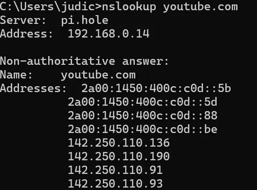 nslookup command result in a terminal showing the Raspberry Pi as DNS server