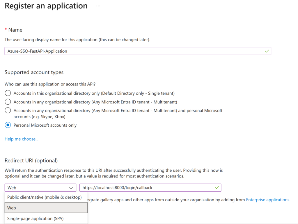 Screenshot showing how to create a new app registration on Azure