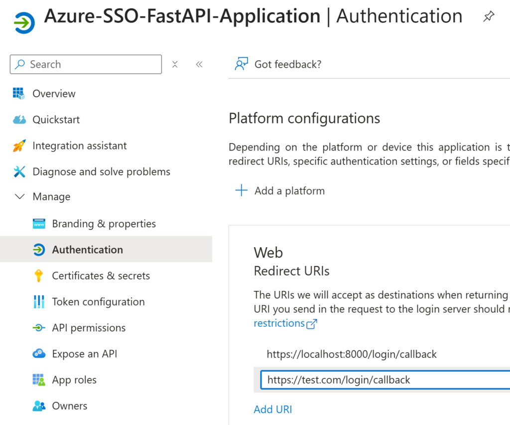 Screenshot showing how to add a new redirect URL on Azure