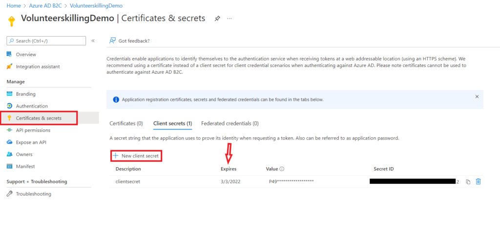 Screenshot showing how to create a new client secret on Azure